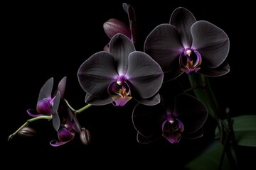 Fototapeta na wymiar Beautiful black orchid blooms stand out against a dark backdrop. Generative AI