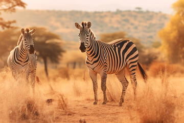 Zebras herd on African savanna in sunlight. Wild nature of Africa. Zebra stand facing camera. Generative AI