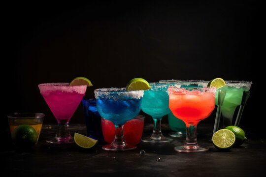 Vibrant mixed drinks with neon colors and crushed ice: margarita, martini. Generative AI