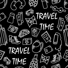 vector doodle illustration, seamless pattern white line on black background - a set of items for travel, tourism with the inscription travel time. For packaging, wallpaper, web design