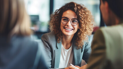 A businesswoman or financial advisor meeting with clients in an office, discussing finances, mortgages, and investing strategies. Personal financial management and advisory services. Generative Ai