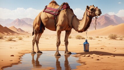 camels in the desert and drinking water