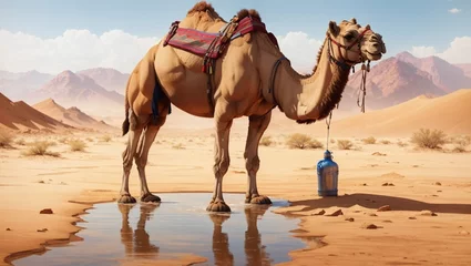 Fotobehang camels in the desert and drinking water © Love Mohammad