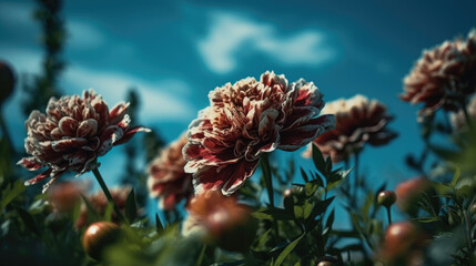 Fototapeta premium Macro close up photography of flowers on a blue sky background with clouds.