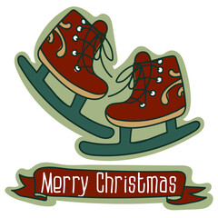 Christmas card with red ice skates, traditional Christmas vector illustration. A postcard for the holiday in retro style. Cute element of children's shoes. Cartoon object