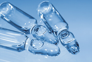 Medical glass ampoules for injections closeup