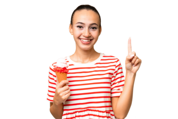 Young Arab woman with a cornet ice cream over isolated background pointing up a great idea