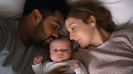 Mixed race young family couple lying in bed bonding with cute infant girl. Happy multiracial parents relaxing waking up in the morning playing with small baby daughter in bedroom at home, top view
