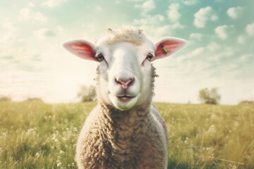 Obraz premium lamb wool grass meadow animal sun sheep green field farm. Generative AI.