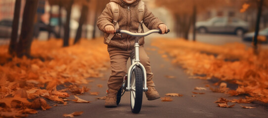 Child rides a bike in a city park in the forest. A small child is learning to ride a bike on an asphalt road in the autumn forest. Generative AI