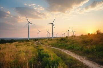 Eco-friendly wind turbine farm producing green renewable energy. Generative AI