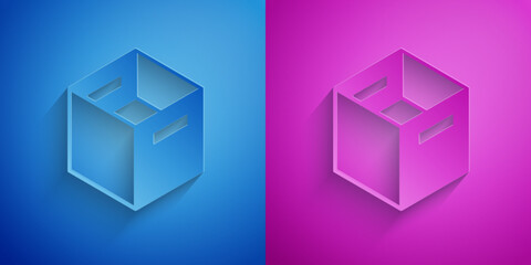 Paper cut Carton cardboard box icon isolated on blue and purple background. Box, package, parcel sign. Delivery and packaging. Paper art style. Vector
