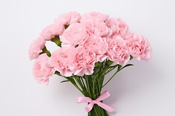 Elegant carnation bouquet in a flat lay arrangement against a white background with ample space for text. Generative AI