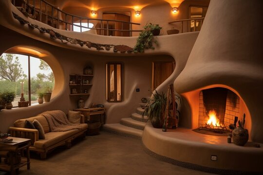 Round adobe home with fireplace opening on top. Generative AI
