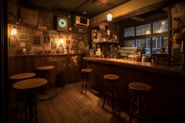 a vintage Tokyo coffee house with a nostalgic ambience after dark. Generative AI