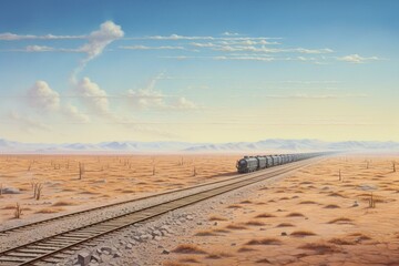 a vast plain with a straight path cutting through and remote locomotives. Generative AI