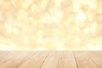 Naklejka na ściany i meble Empty wooden table, blurred gold background. Generative AI