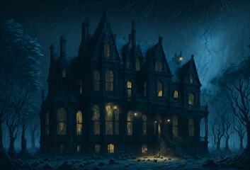 An eerie, haunted manor with a sinister presence lurking in the darkness illustration