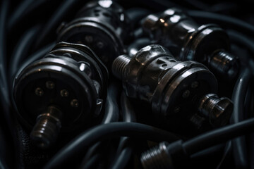Captivating Macro Composition: Intricate Industrial Connectors Amidst Enigmatic Shadows and Reflective Surfaces
