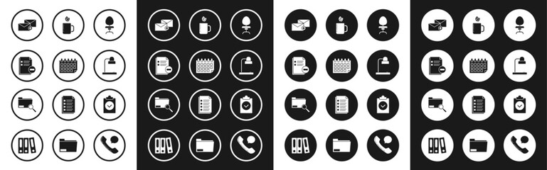 Set Office chair, Calendar, Document with minus, Envelope, Table lamp, Cup of tea and leaf, Completed task and Search concept folder icon. Vector