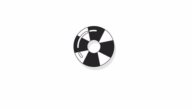 Floating ring for swimming pool bw 2D object animation. Circle lifesaver outline cartoon 4K video, alpha channel. Safety equipment. Rubber water toy animated icon isolated on white background