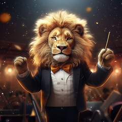 cute realistic lion as an symphonic orchestra conductor while background