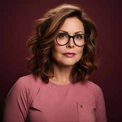 Fototapeta premium Brown hair 45 year old woman with glasses face and head and shoulders, dark pink background, style of book cover photoshoot.