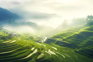 Fototapete Reisfelder Beautiful rice terraces at dawn against the backdrop of mountains. Scenic panoramic view of terraced rice field stretching across mountainside. Generative AI