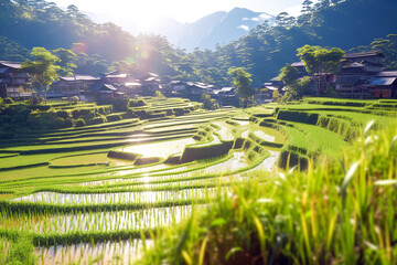 Beautiful rice terraces at dawn against the backdrop of mountains. Scenic panoramic view of terraced rice field stretching across mountainside. Generative AI