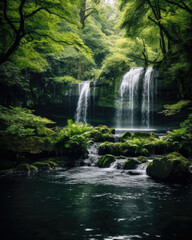 Fototapeta na wymiar Panoramic beautiful deep forest waterfall