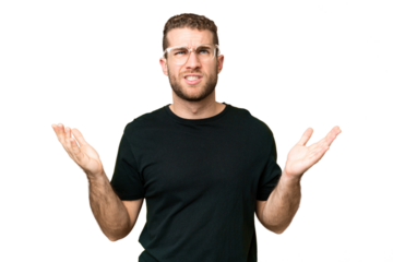 Young handsome blonde man over isolated chroma key background stressed overwhelmed