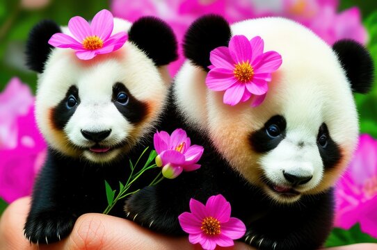 Two fairy tiny cute baby panda with colorful flowers in her hands can hardly stand the flowers