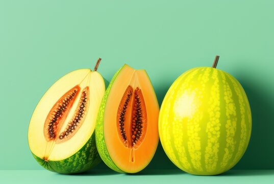 Ripe juicy rockmelon on a solid pastel background. Melon Fruit with Juicy Flesh and Seeds Inside
