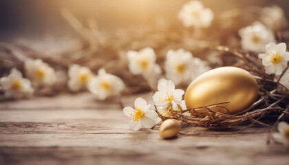 Obraz na płótnie Canvas Easter eggs with copy space and small flowers