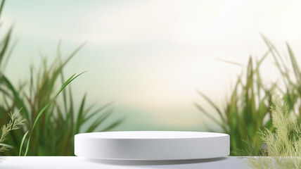 3d luxury white podium with blue nature background for your luxury product.Generative AI