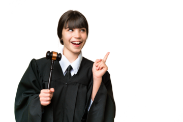 Little girl playing as a Judge over isolated background intending to realizes the solution while lifting a finger up