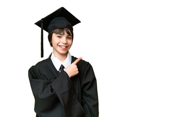 Little university girl over isolated background pointing to the side to present a product