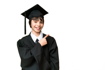 Little university girl over isolated background pointing to the side to present a product