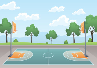 Basketball court. Urban concept landscape with playground, athletic field with backboard, basket and ring. Background with green trees, vector illustration