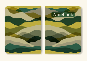 Colorful school notebook cover with mountains. Summer valley landscape