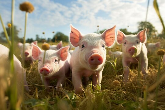 Piglets grazing and feeding in a field at a farm. Generative AI