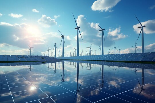 Clean energy generated by wind turbines and solar panels. Generative AI