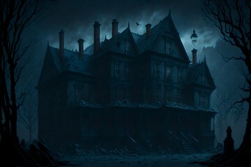 An eerie, haunted manor with a sinister presence lurking in the darkness illustration