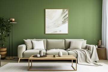 Modern living room with green wall and grey artwork, white desk, coffee table, and blanket on sofa. Generative AI
