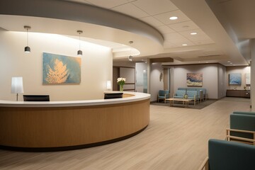 Contemporary medical facility entrance featuring reception desk and comfortable seating area. Generative AI