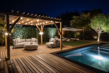 Luxurious garden with teak deck, black pergola, pool, couches & lounge chairs by evening. Generative AI