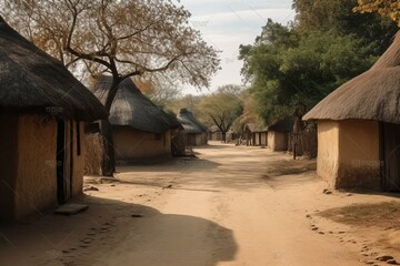 African village street with unpaved road and clay huts. Generative AI