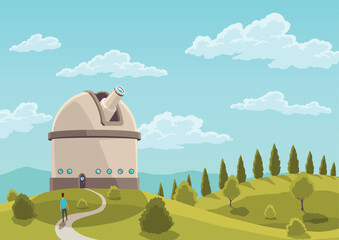 Space observatory landscape. Cartoon astronomical building in nature scene. Structure containing telescopes and auxiliary instruments. Observatory flat color vector illustration - obrazy, fototapety, plakaty