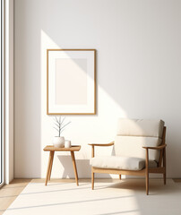 A serene and well-lit interior scene with a large blank picture frame centered on a wall