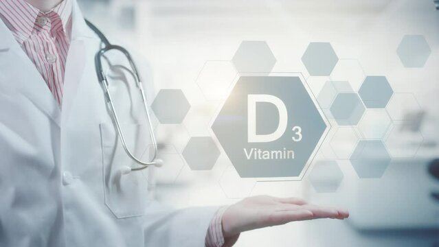 Pharmacy expert doctor showing symbol for the Vitamin D or D3. Clean abstract commercial background